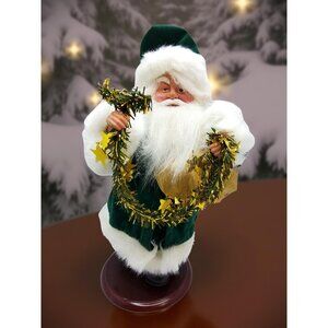 vintage christmas holiday green robe santa w/tinsel on stand